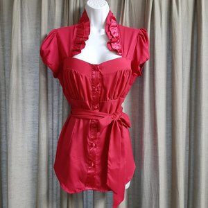 ruffle neck open button blouse